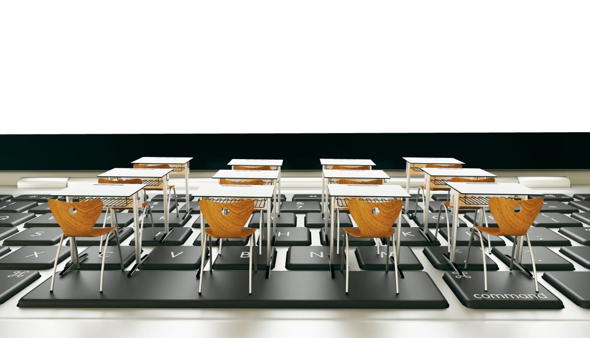 online education, classroom on computer keyboard realistic 3D re