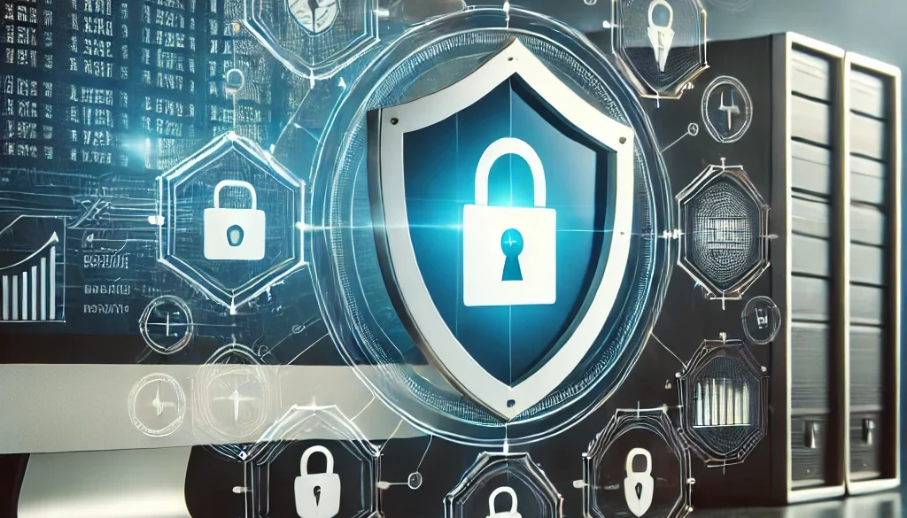 DALL·E 2024-10-23 16.09.43 - A visual representation of cyber security and insurance protection, showing a computer system shielded by a large, glowing shield symbol, with icons o