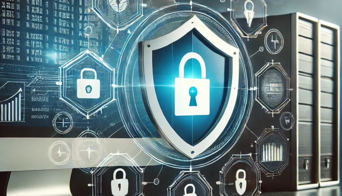 DALL·E 2024-10-23 16.09.43 - A visual representation of cyber security and insurance protection, showing a computer system shielded by a large, glowing shield symbol, with icons o
