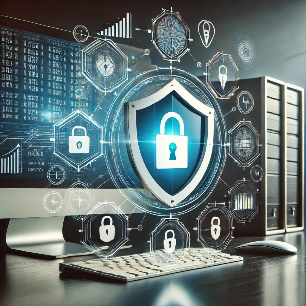DALL·E 2024-10-23 16.09.43 - A visual representation of cyber security and insurance protection, showing a computer system shielded by a large, glowing shield symbol, with icons o