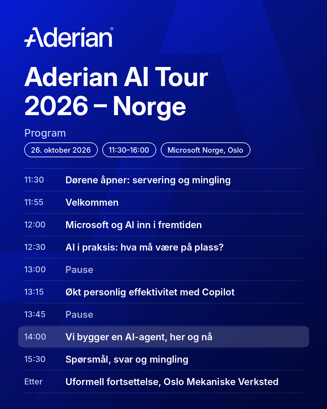 Program for Aderian AI Tour 2026 – Norge, 26. oktober hos Microsoft Norge i Oslo